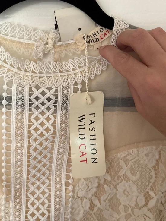 Delicate Lace Overlay Long-Sleeve Top — Cream - Picture 3 of 14